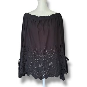 Trovata Birds of Paradis Black Eyelet Off The Shoulder Peasant Blouse | Medium